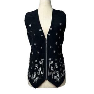 Vintage Y2K Suede Zip Up Vest Size S Floral Embroidered‎ Western Boho
